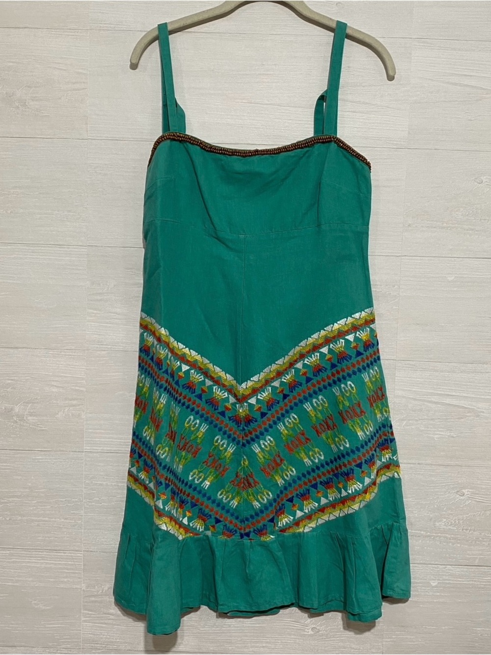 Vintage Free People Embroidered Linen Blend Mini Dress Turquoise Boho Y2K Beaded